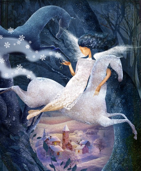 (S)něžní koně sníh strom zima vánoce anděl koně 
