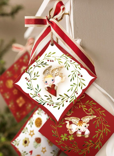 Jmenovky na dárky -Vůně Vánoc-30ks sníh strom zima vánoce anděl hudba ptáci harfa 