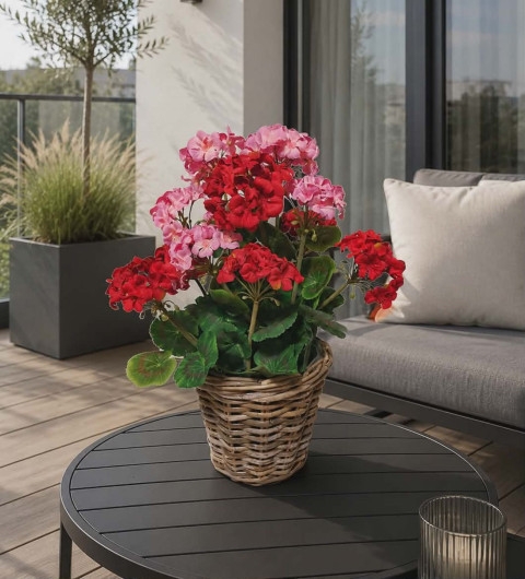 Velkokvěté pelargonie v proutěném dekorace květiny kytice umělé umělé květiny květinová dekorace květiny na terasu muškáty pelargonie květinová výzdoba venkovní květiny dekorace na balkon květiny na parapet k na parapet 