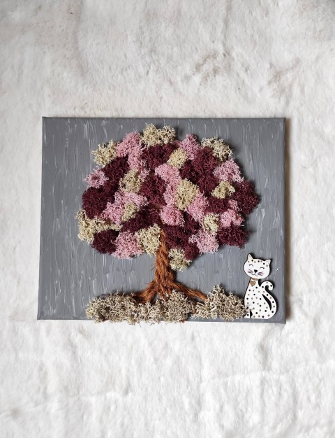 Mechový obrázek - Strom s kočičkou dárek obraz kočka kočička obrázek růžový šedý bordó mech vínový severský trvanlivý skandinávský lišejník stabilizovaný dovozový 