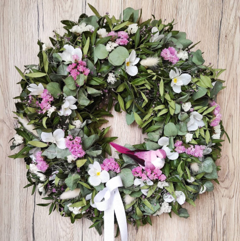 Přírodní v. do růžové s ptáčkem dárek květina ptáček zelený přírodní věnec květ růžový bílý natural květinový flower eukalyptus wreath 