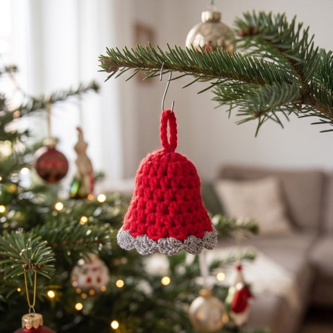 Háčkovaný zvoneček červená dekorace vánoce zvoneček zvonek ozdoba stříbrná třpytivé handmade vánoční ozdoba háčkovaný zvonek 
