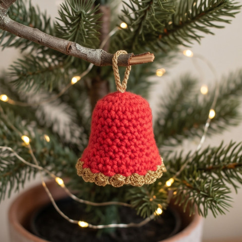 Háčkovaný zvoneček červená dekorace vánoce zlatá háčkovaný zvonek ozdoba handmade vánoční ozdoba 