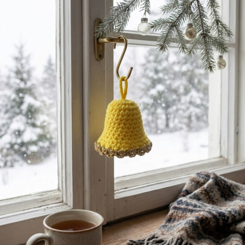 Háčkovaný zvoneček dekorace vánoce zlatá háčkovaný zvonek žlutá ozdoba handmade vánoční ozdoba 