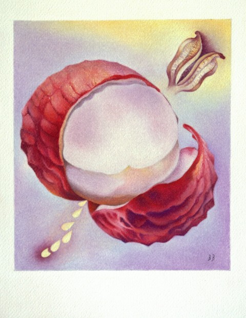 Tváří ku hvězdám červená bílá ovoce obrázek ilustrace surrealismus kresba pastelem litchi 