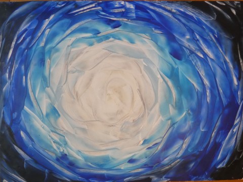 Modrá květina modrá fantazie enkaustika voskovky žehlička expresivní 