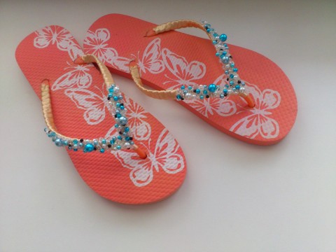 Flip-flop No.5 .. apricot butterfly prázdniny moře svatba žabky voskové perly letní obuv neformální boty saténová stužka letní boty 