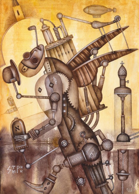 Steam Angel malba město anděl steampunk akvarel surrealismus evžen ivanov steam angel 