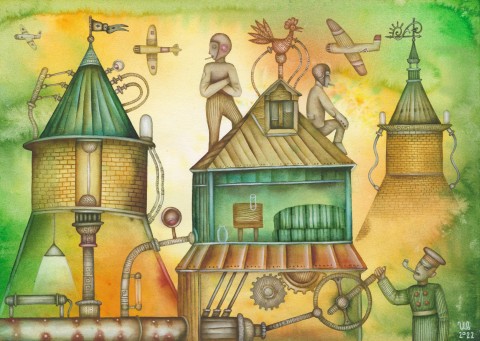 Letci malba město anděl steampunk letadlo akvarel surrealismus letec evžen ivanov 