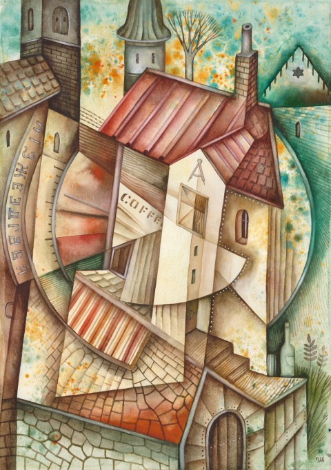 Dům na rohu malba krajina město akvarel kubismus evžen ivanov 
