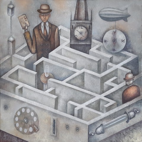 Bludiště portrét malba steampunk muž bludiště olejomalba surrealismus steampunkový evžen ivanov surreální psychologie 