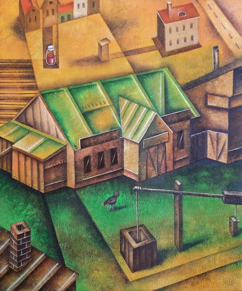 Dům se zelenou střechou malba krajina olejomalba kubismus kubistická evžen ivanov 