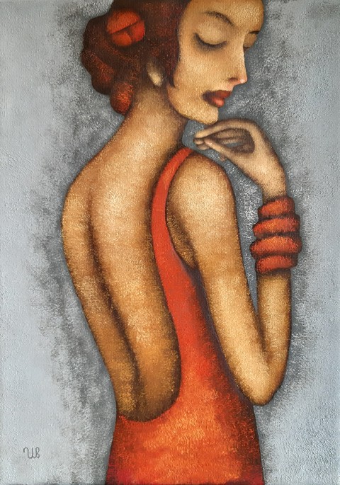Portrét dámy v červených šatech portrét malba žena dáma olejomalba evžen ivanov 