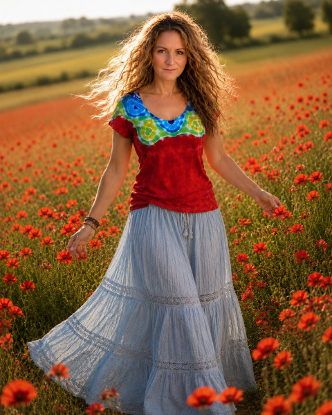 Tričko vel. 42 - Happy day červená batika jaro květ léto hippie batikované 