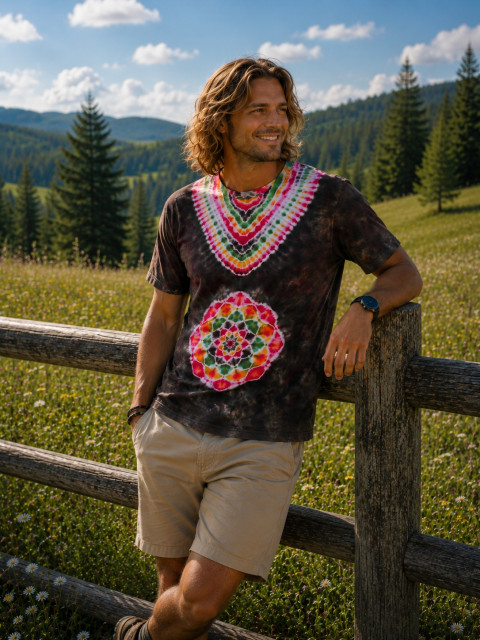 Batikované tričko - Na Zemi doma batika přírodní hnědá mandala hippie bohémský 