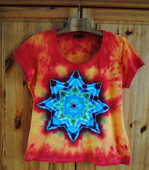 Batikované tričko - Hvězda moře modrá oranžová hvězda léto mandala ohnivé hippie batikované bohémské 