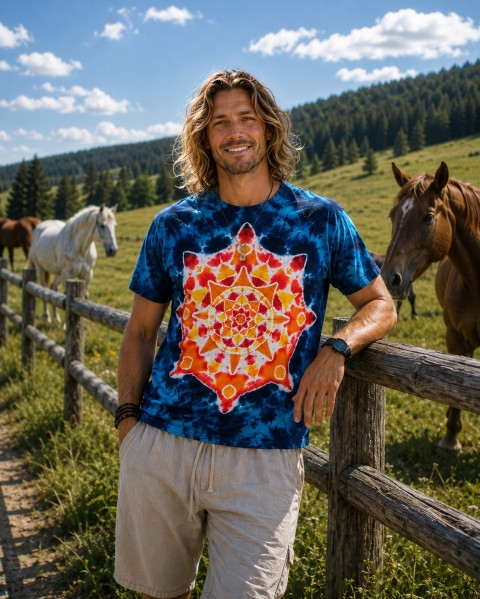 Batik. tričko 2XL - Hvězda naděje moře modrá léto mandala hippie batikované bohémské 