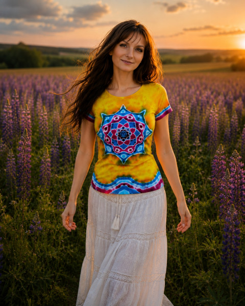 Batik. tričko vel.38 - Citronové žlutá léto slunce mandala hippie batikované bohémské 