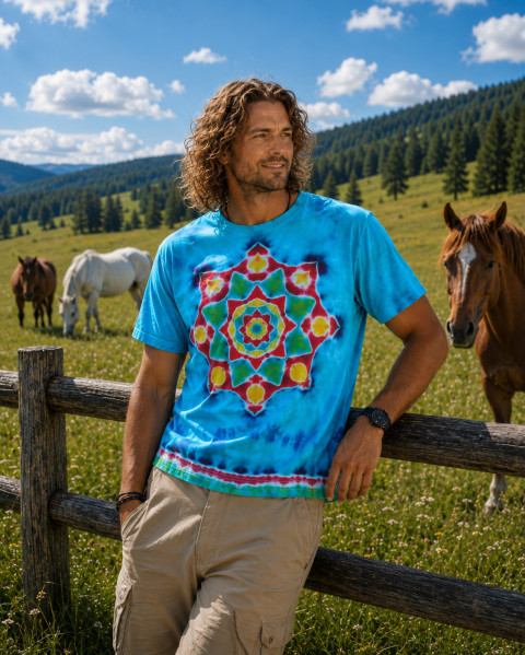 Batikované tričko XL-Slunečný den moře modrá léto mandala hippie batikované bohémské 