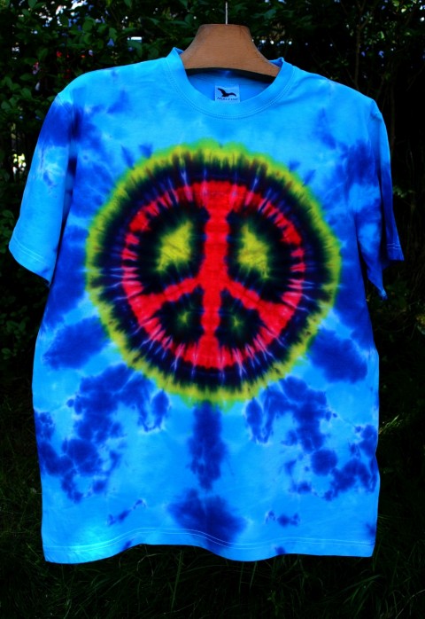 Batik.tričko L - Peace sign moře modrá léto mandala hippie batikované peace sign bohémské 