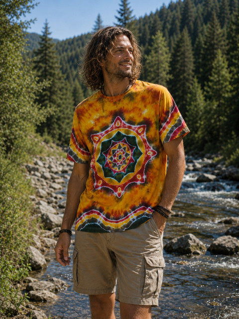 Batik.tričko -Tajemství domorodců moře oranžová žlutá léto mandala hippie batikované zemitá aboriginci bohémské 