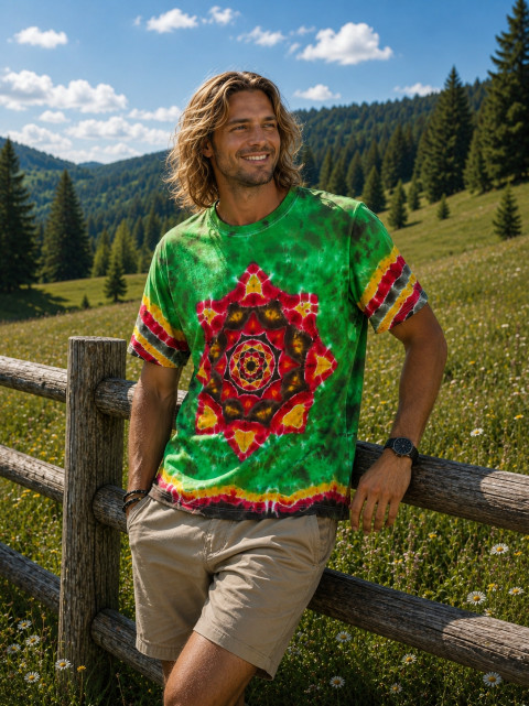 Batik. tričko 2XL - Lesní fantazie zelená batika léto lesní les hippie batikované boho 