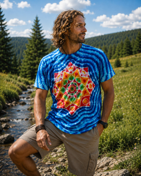 Batik. tričko - Mandala ve vlnách moře modrá léto mandala hippie batikované bohémské 