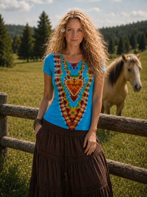 Batik. tričko vel.42 - Láska v duši srdce modrá srdíčko batika tyrkysová hippie boho 