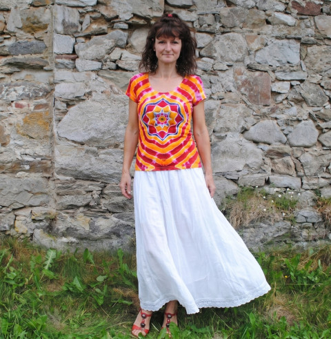 Batik.tričko vel.40 - Květinové moře modrá léto mandala hippie batikované bohémské 