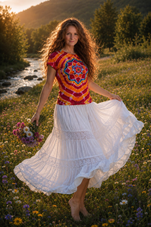 Batik.tričko vel.40 - Květinové moře modrá léto mandala hippie batikované bohémské 