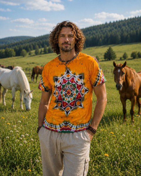 Batik.tričko XL - Podzim v lese oranžová batika žlutá léto lesní les mandala okrová hippie batikované boho 
