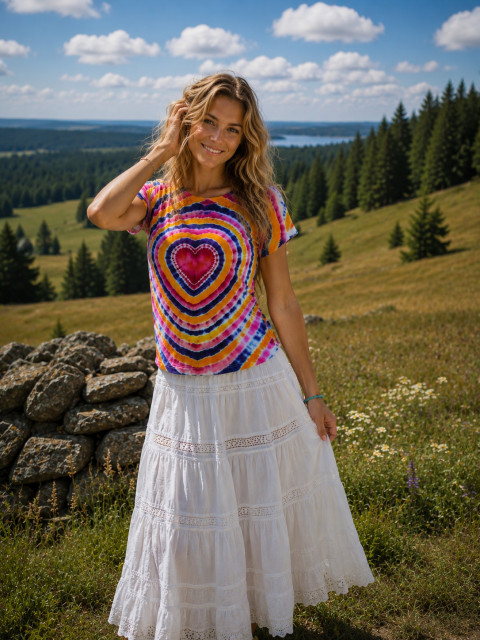 Batikované tričko L - Miluji srdce oranžová růžová srdíčko batika léto hippie batikované bohémské 