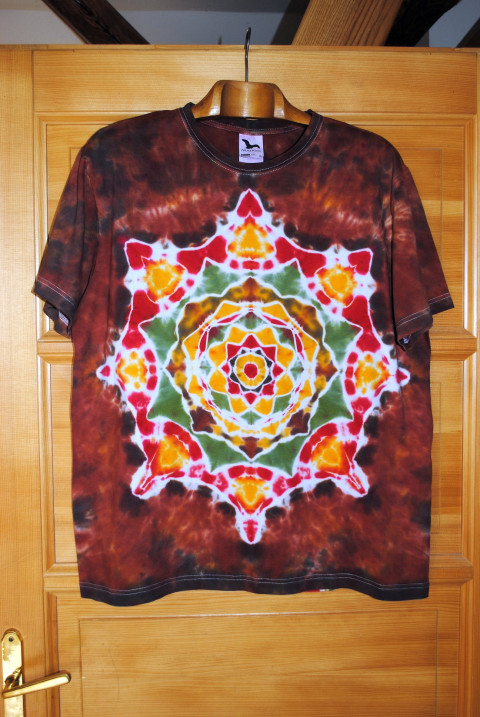 Batikované tričko XL - Energie Gaii oranžová batika hnědá žlutá léto lesní les mandala hippie batikované boho 