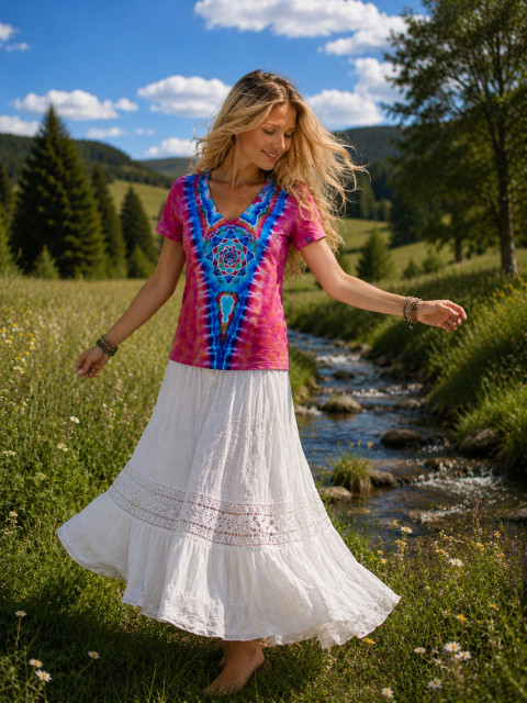 Batik.tričko M - Studánka v růžích moře modrá růžová růže léto mandala hippie batikované bohémské 