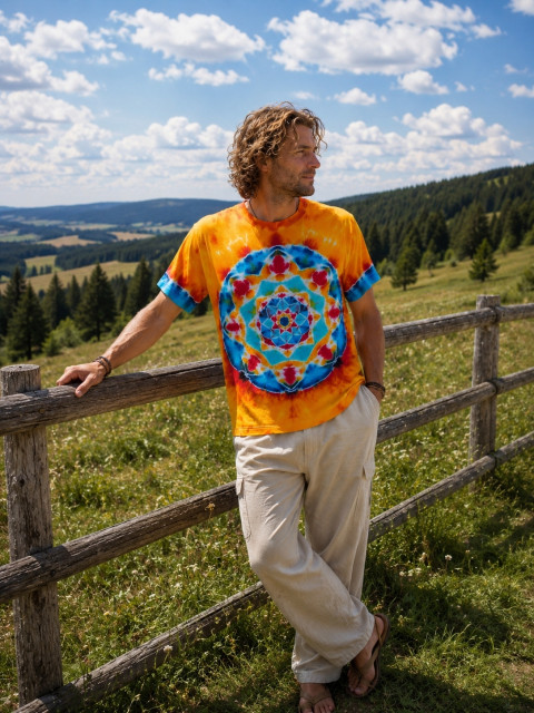 Batik. tričko L - V zemi Indiánů moře modrá žlutá léto mandala hippie batikované bohémské 