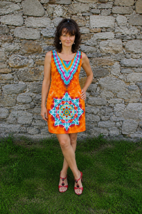 Batik.šaty/tunika M - Letní jitro moře modrá oranžová léto mandala hippie batikované bohémské 