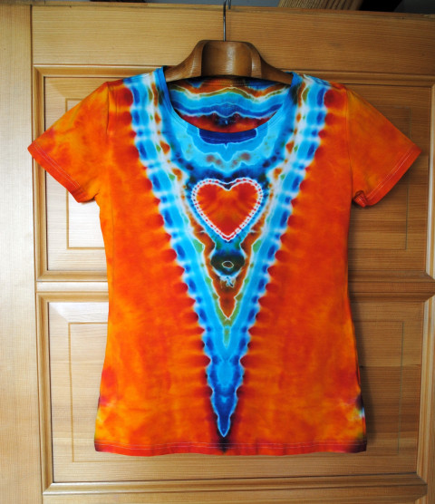 Batik. tričko - Ohnivé srdce srdce moře modrá oranžová srdíčko láska léto mandala hippie batikované bohémské 