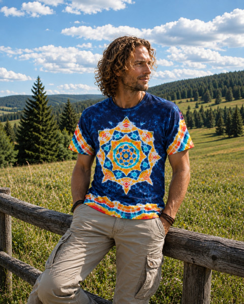 Batikované tričko - Slunečný den moře modrá hvězda léto slunce mandala hippie batikované bohémské 