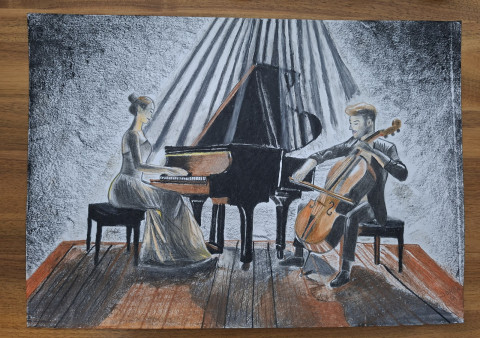 Hudba na klavír a cello housle hnědý obraz malba světlo černá hnědá obrázek černý hudba hudební kresba klasický koncert umění muzikant muzika postava klavír pastel muzikanti postavy piano pastelky nástroj hudební nástroj lidé klasická hudebník cello černohnědý hudebníci vážná vážný giocondy gioconda 