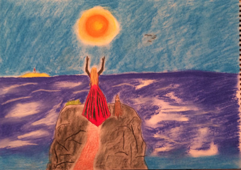 Pozdrav Slunci voda obrazy moře pes obraz příroda žena šaty nebe slunce skála kresba umění pozdrav duchovní útes 