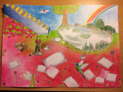 Jako v pohádce obrazy srdce děti obraz fantazie pokojíček pokoj láska pohádka dětské duha kresba kolibřík fantasy umění trpaslík dětskýpokoj 