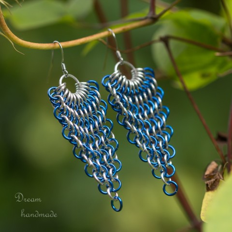 Modrý melír - náušnice kroužkované chainmaille veliké 