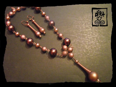 Souprava - náhrdelník a náušnice náhrdelník náušnice hnědá béžová perličky měděná 