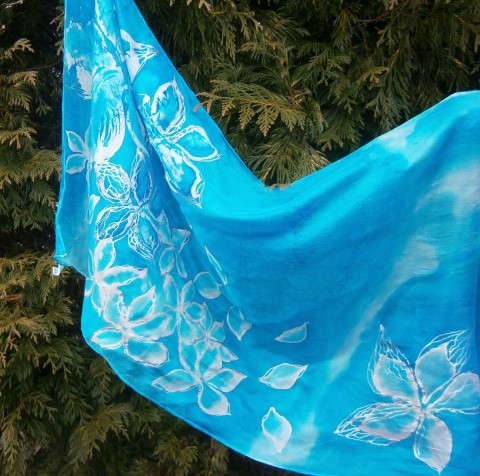 Modrá. Šála 45 x 160 cm. hedvábí hedvábná šála modrá šála s květy 