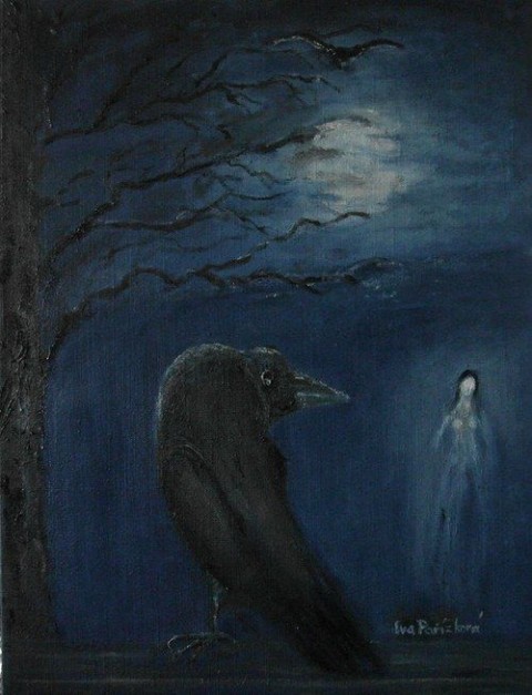 Olejomalba - Havran modrá dívka noc měsíc plátno olejomalba havran 