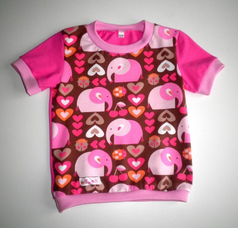 Růžové tričko se sloníky růžová srdíčko bavlna hnědá třešně úplet slon tričko beruška sloník biobalvna 