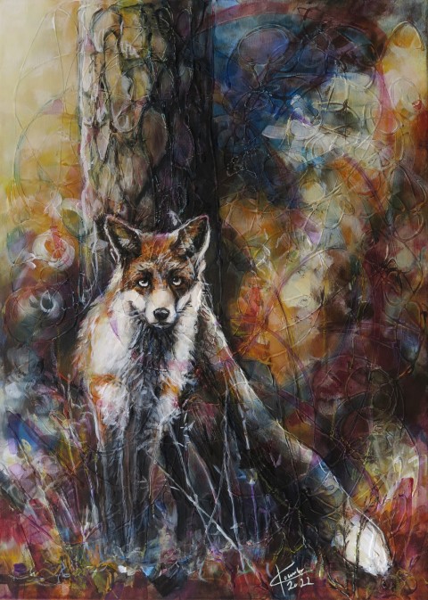 V húští lesa ukrytá zvíře obraz malba umělecký liška expresionismus exprese umnění dílo expresivní 