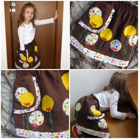 Lněná v barvě hořké čokolády 5-8 holčička holčičí sukně dětské puntíky originál kapsa suknička 