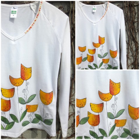 Veselé jarní tričko...M originální oranžová jarní bílá veselé jaro bílé tričko originál tulipány 