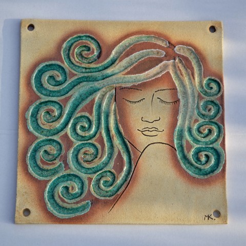Keramický kachel I. obraz keramika žena spirála zeď keramický vlnky vlny reliéf kachel 